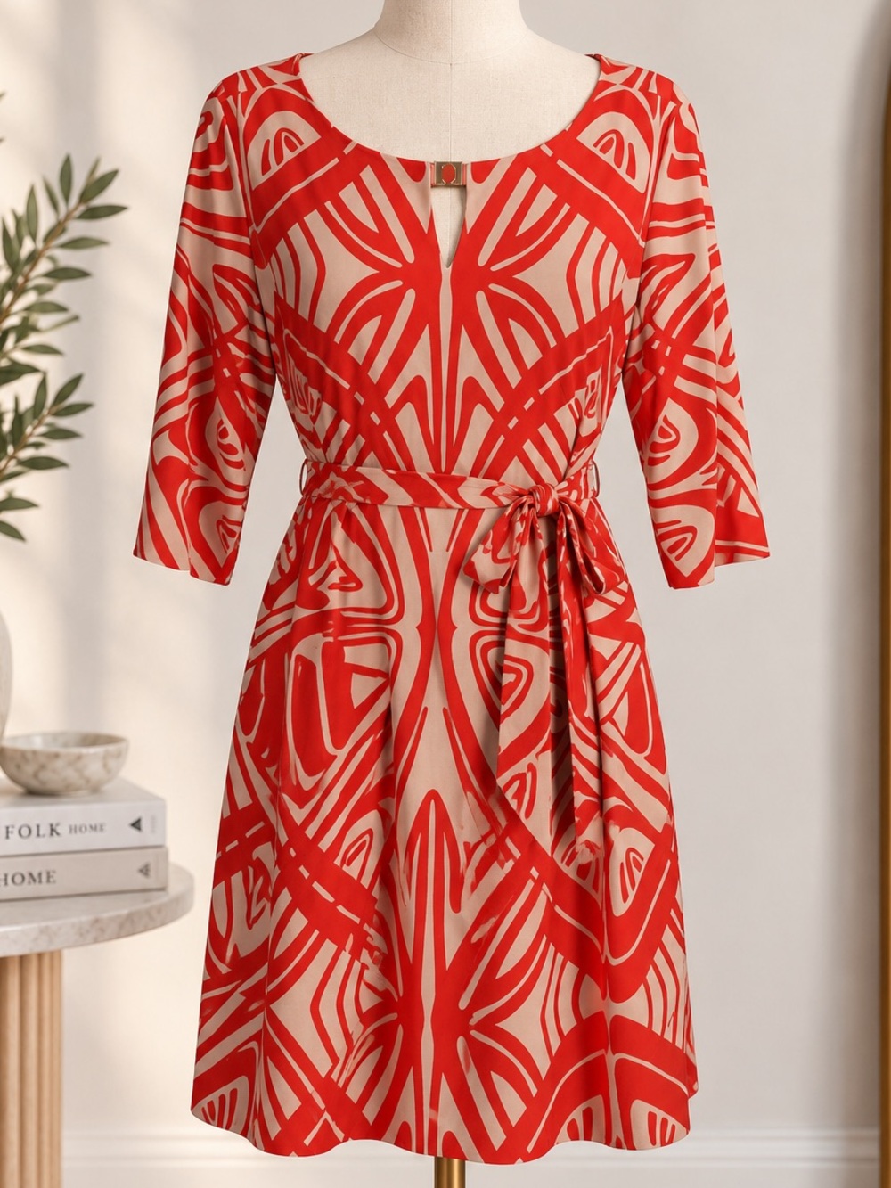 Tahari Arthur S Levine 16W Geo Print Shift Dress Coral Beige Belted Plus Size